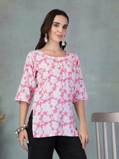 Pink Kantha Work printed cotton kurti with floral design and three-quarter sleeves