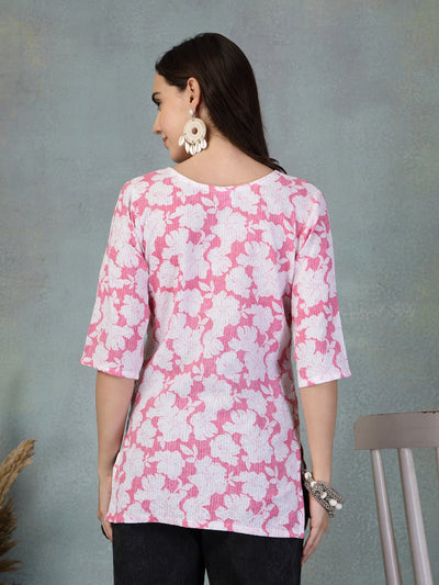 Back view of pink Kantha work printed cotton kurti with floral design and 3/4 sleeves
