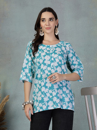 Turquoise Kantha Work Printed Cotton Kurti with Floral Print and Embroidery