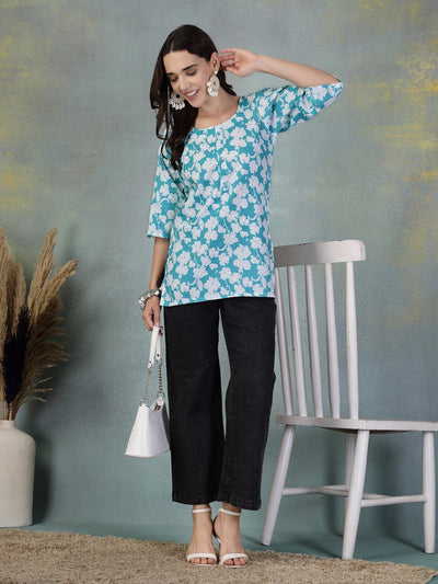 Turquoise Kantha Work Printed Cotton Kurti with floral design and intricate embroidery.