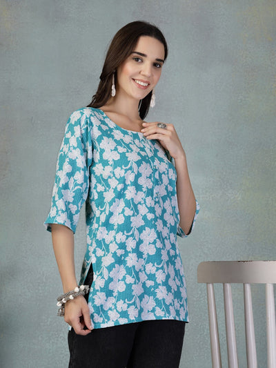 Turquoise Kantha Work Printed Cotton Kurti with floral design and intricate embroidery.