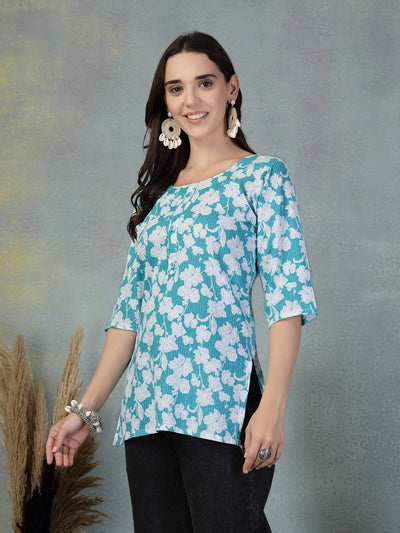 Turquoise Kantha Work Printed Cotton Kurti with floral embroidery.