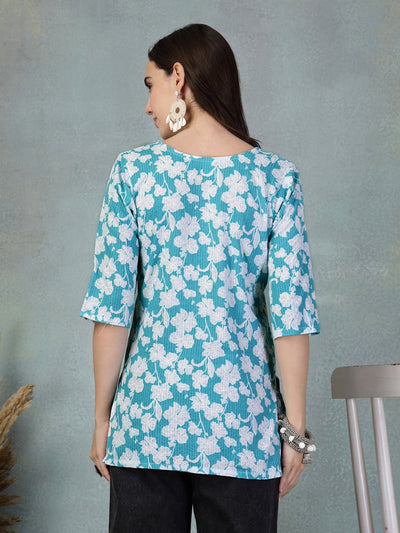 Turquoise Kantha Work Printed Cotton Kurti with Floral Design