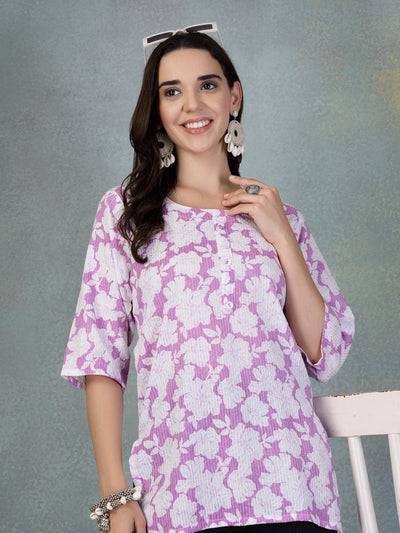 Lavender Kantha work printed cotton kurti with floral design.