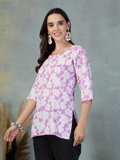 Lavender Kantha work printed cotton kurti with floral design and intricate embroidery.