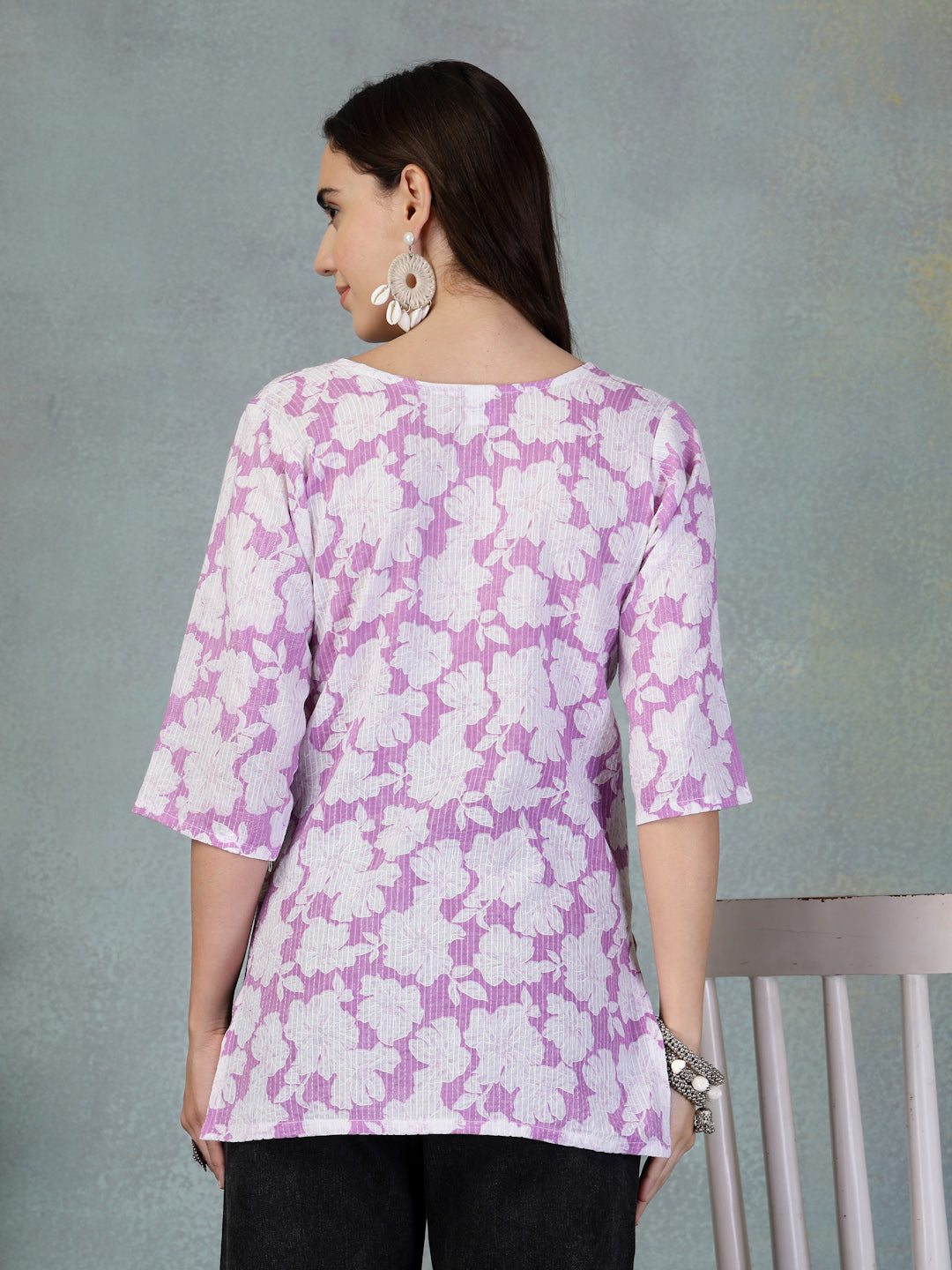 Lavender Kantha Work Printed Cotton Kurti with floral design and embroidery.