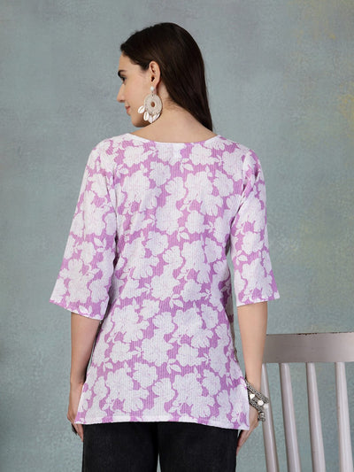 Lavender Kantha Work Printed Cotton Kurti with floral design and embroidery.