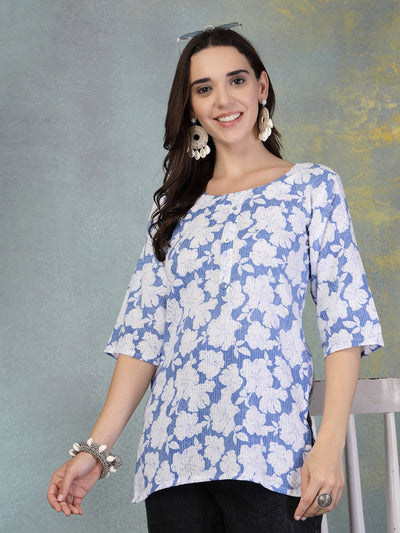 Blue Kantha Work printed cotton kurti with floral embroidery and three-quarter sleeves