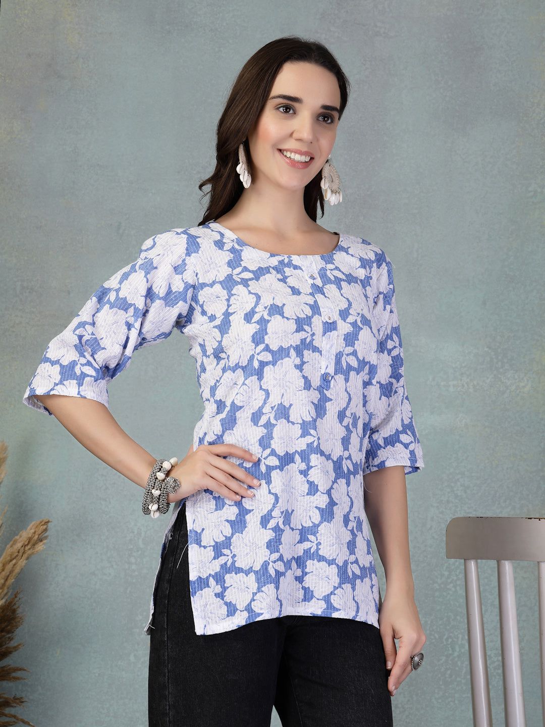 Blue Kantha Work printed cotton kurti with floral design and three-quarter sleeves
