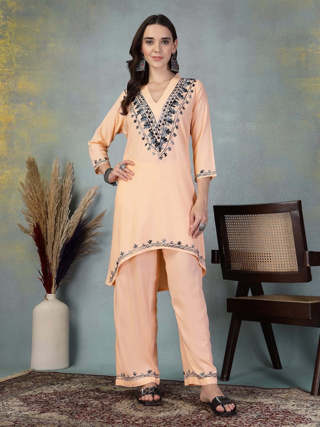 Peach embroidered rayon asymmetric co-ord set with Lucknowi-style design.