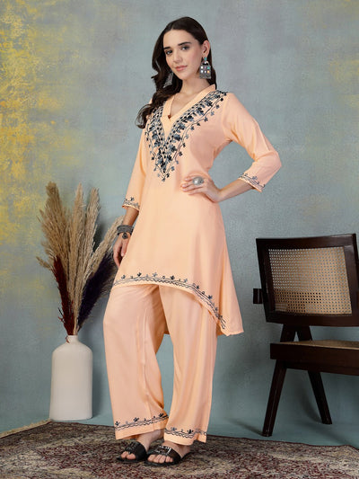 Peach embroidered rayon asymmetric co-ord set with Lucknowi-style detailing.