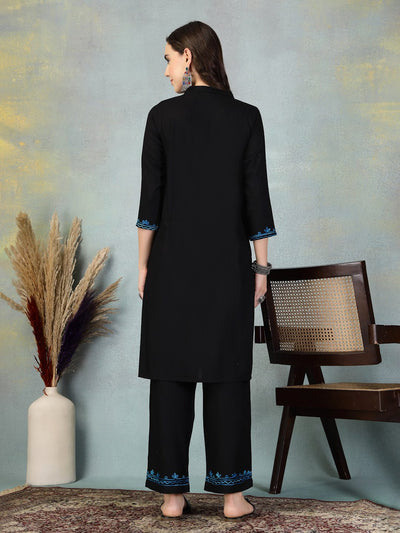 Black embroidered rayon asymmetric co-ord set with Lucknowi-style embroidery.