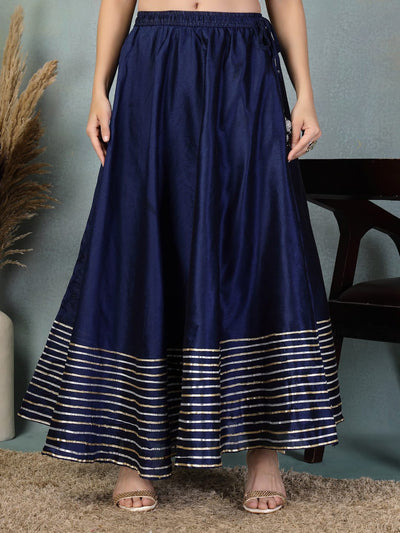 Navy blue Gota Patti Chanderi silk flared skirt with gold striped border design
