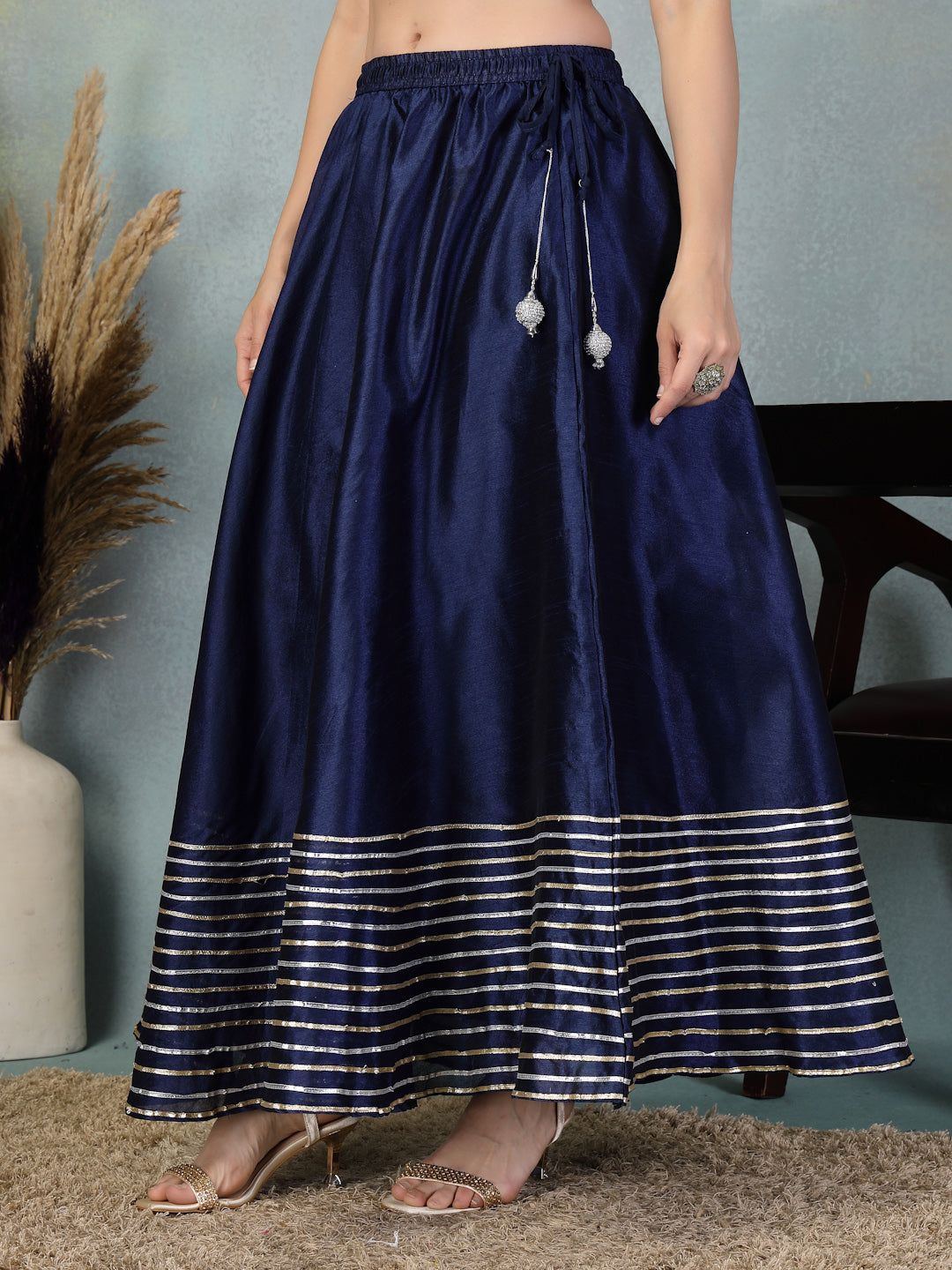 Navy blue flared Chanderi silk skirt with intricate silver Gota Patti work at hem