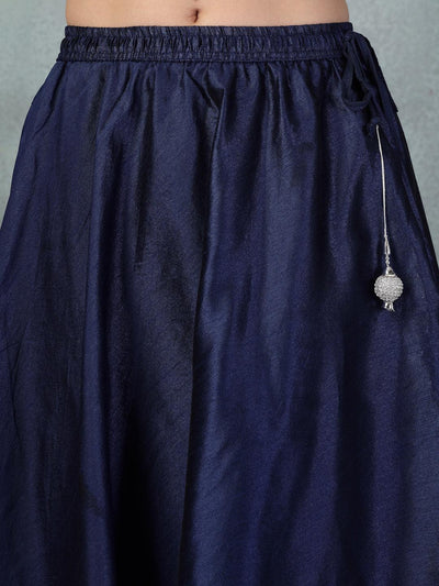 Navy blue gotta patti Chanderi silk flared skirt with drawstring and traditional Indian design