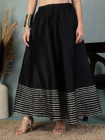Black Gotta Patti Chanderi silk flared skirt with intricate gold border detailing
