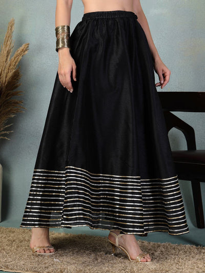 Black flared Chanderi silk skirt with intricate Gota Patti gold border detailing