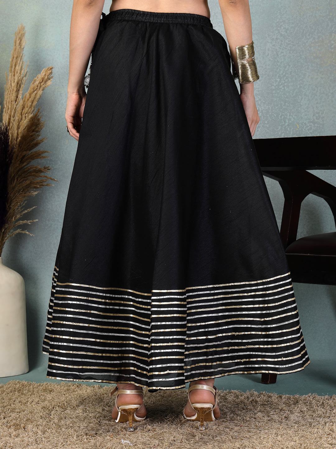 Black Chanderi silk flared skirt with intricate silver Gota Patti border detailing