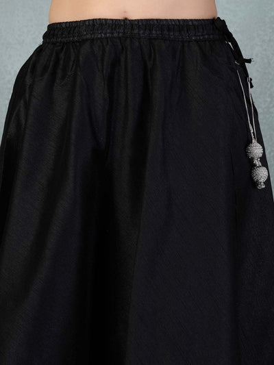 Black Gotta Patti Chanderi silk flared skirt with intricate detailing and tassels