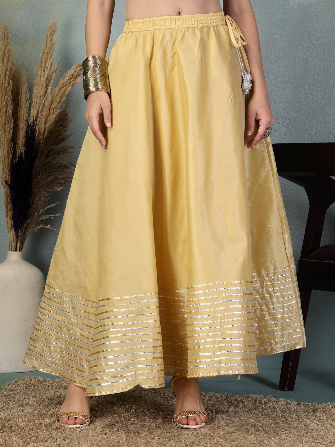 Fawn gotta patti Chanderi silk flared skirt with intricate metallic detailing