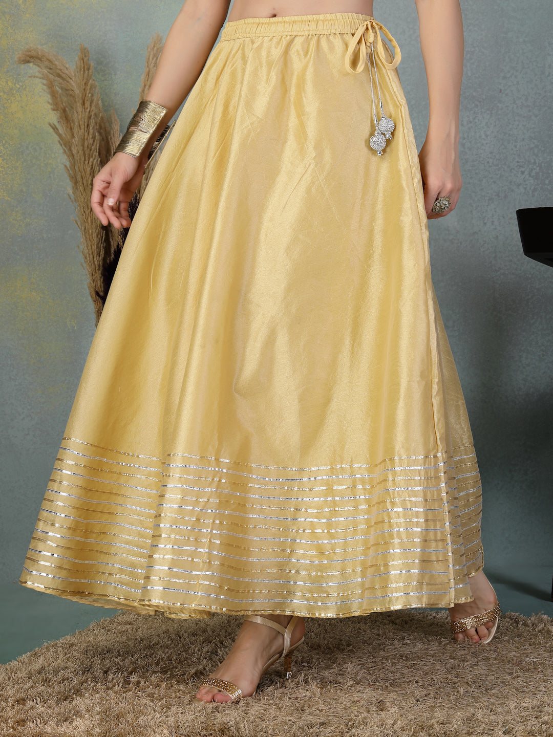 Fawn Gotta Patti Chanderi silk flared skirt with intricate silver detailing and drawstring waist, traditional festive wear