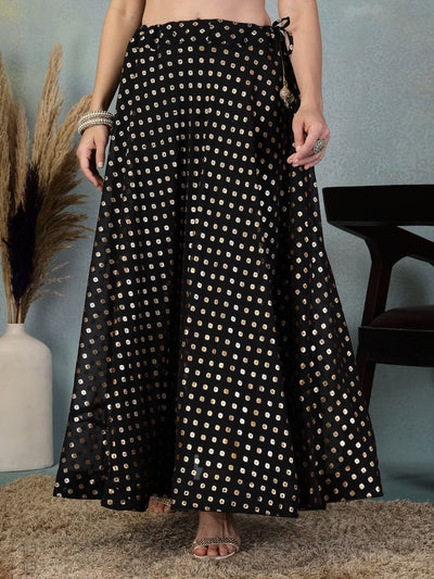 Black printed Georgette flared skirt with dupatta, featuring foil print, ideal for festive occasions.