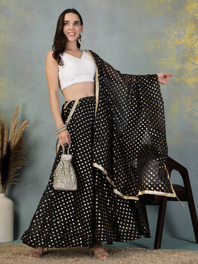Black printed georgette flared skirt with dupatta, perfect for festive occasions, showcasing elegance and contemporary style.