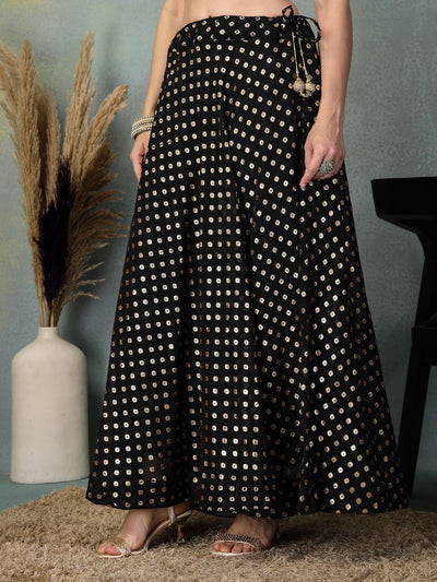 Black printed georgette flared skirt with dupatta, showcasing elegant foil print for ethnic style.