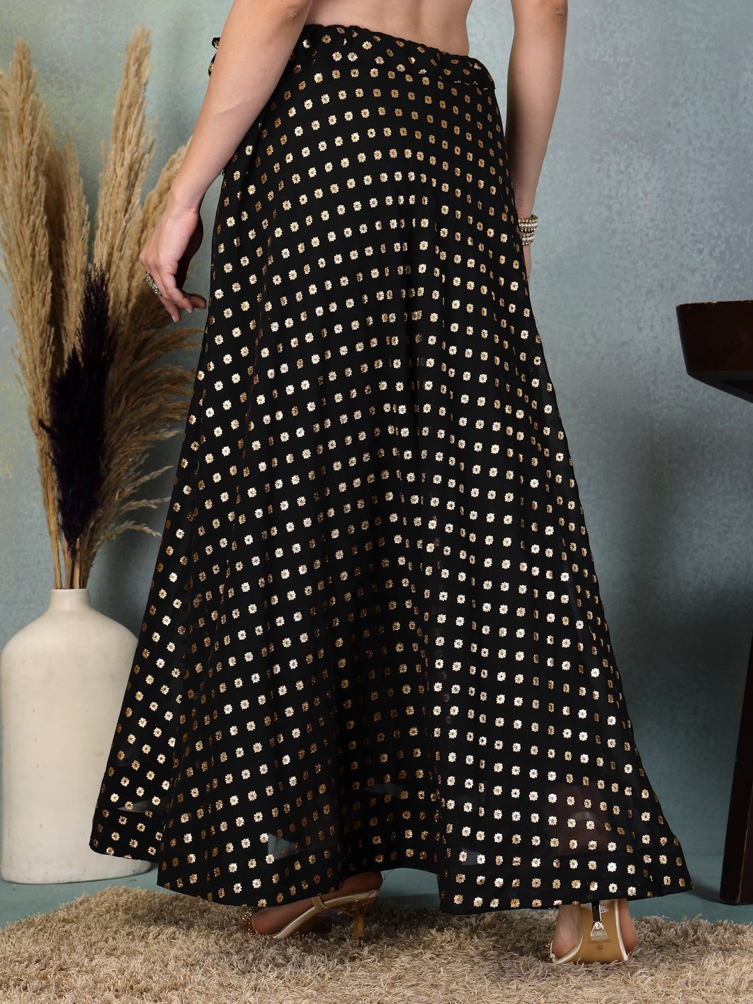 Black Printed Georgette Flared Skirt with Dupatta for Ethnic Wear