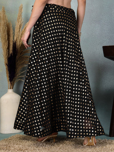 Black Printed Georgette Flared Skirt with Dupatta for Ethnic Wear
