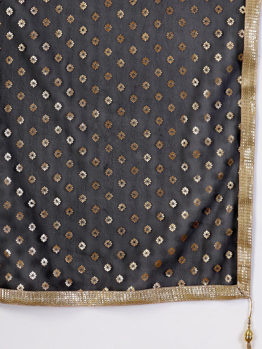 Black printed Georgette flared skirt with dupatta, featuring elegant foil design.