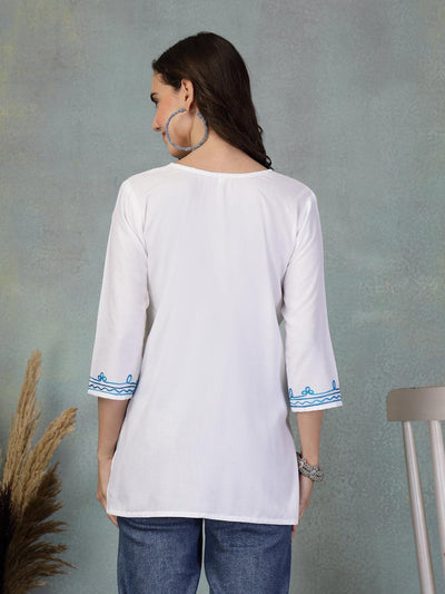 White embroidered rayon kurti with blue sleeve detailing, back view