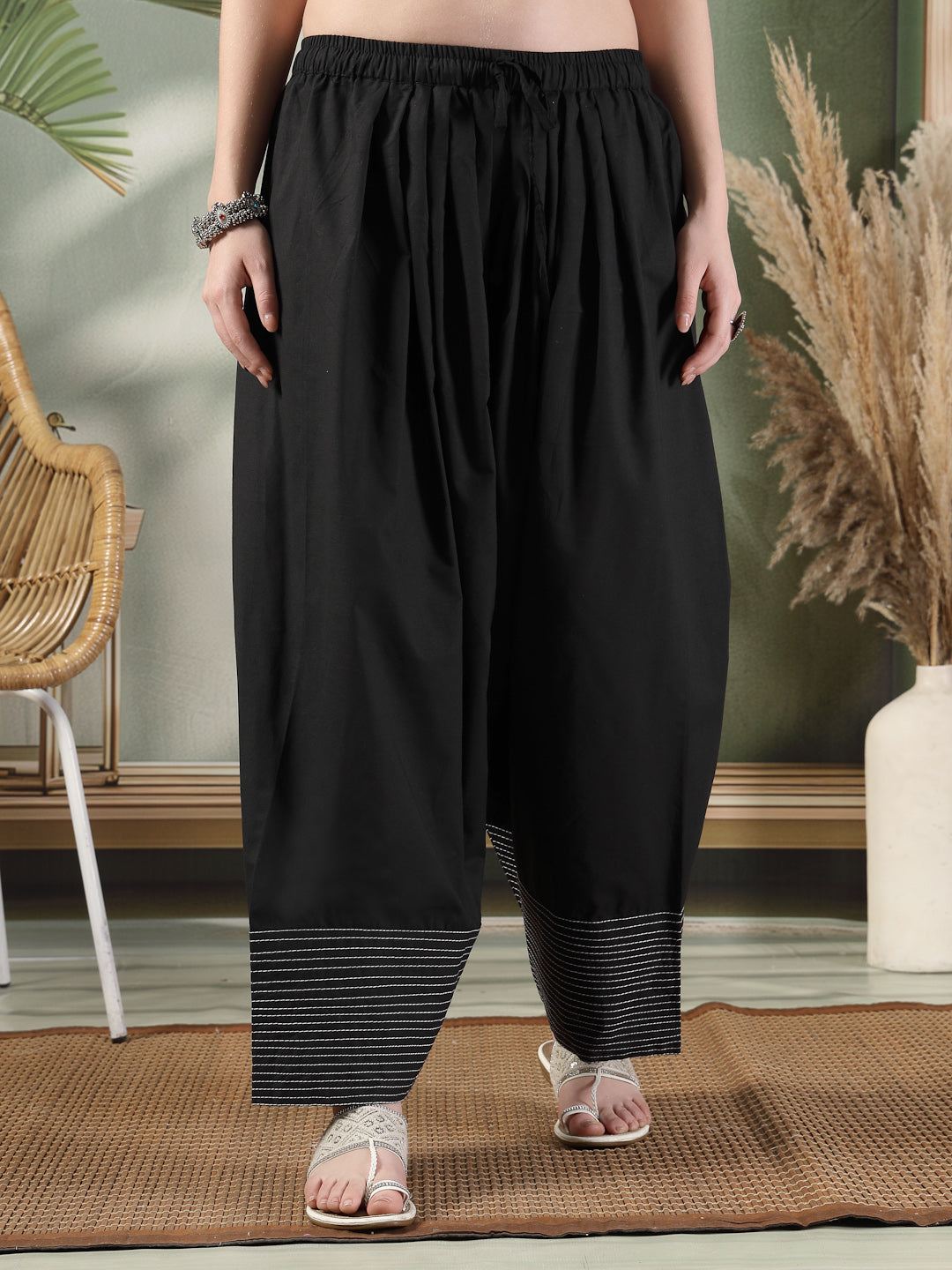 Black Solid Thread Work Farshi Salwar with Intricate Detailing and Comfortable Fit