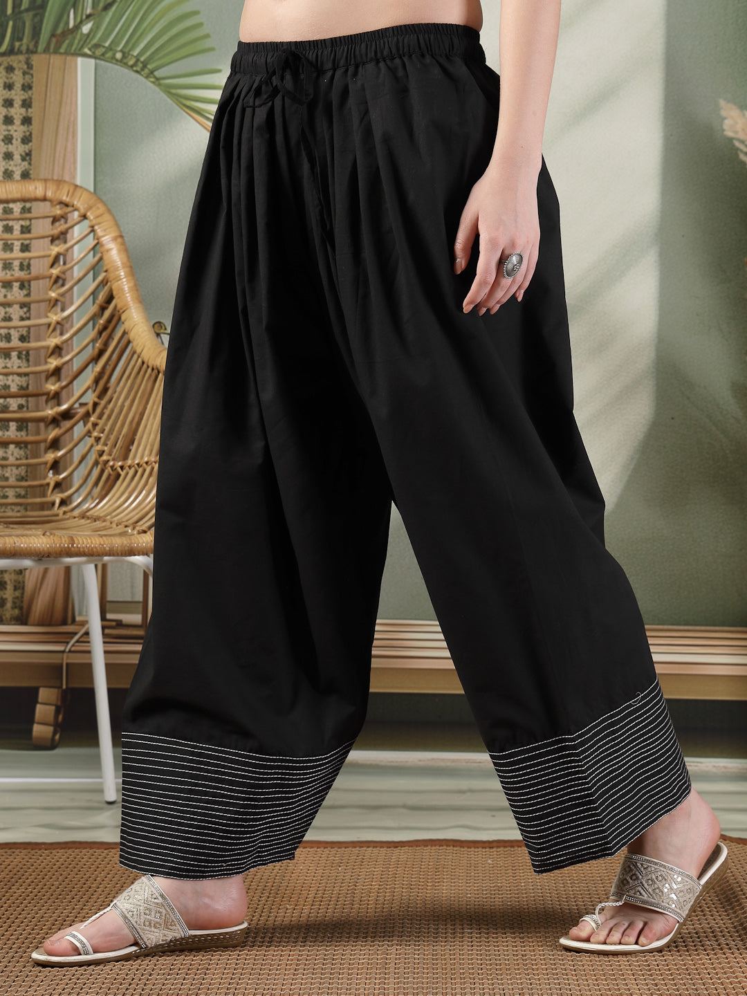 Black Solid Thread Work Farshi Salwar with intricate detailing, perfect for ethnic wear.