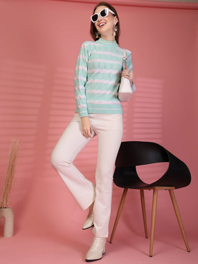 Sea Green Zigzag Striped Knitting Sweaters Woollen Sweater, product photo showing color, pattern, and knit texture on a plain background
