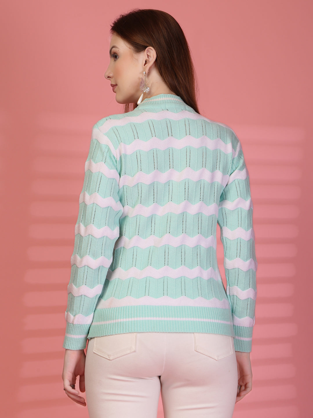 Sea Green Zigzag Striped Woollen Sweater
