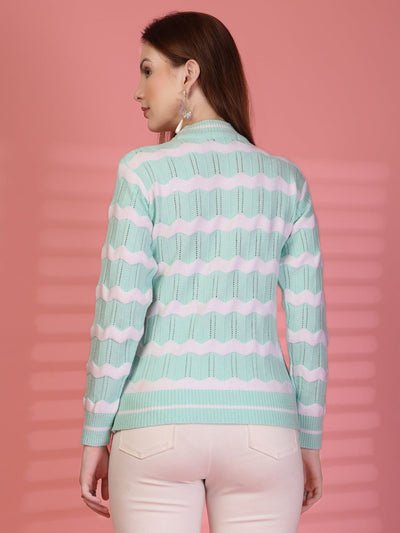 Sea Green Zigzag Striped Knitting Sweaters Woollen Sweater, product photo showing color, pattern, and knit texture on a plain background