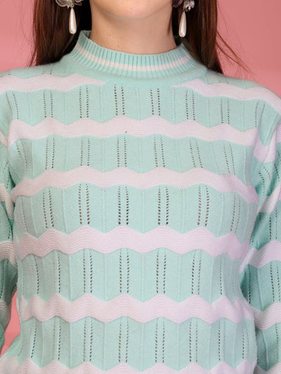 Sea Green Zigzag Striped Woollen Sweater