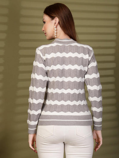 Light Grey Zigzag Striped Knitting Sweaters Woollen Sweater, product photo showing color, pattern, and knit texture on a plain background