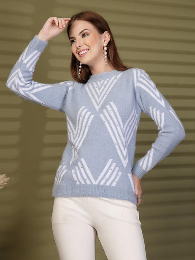 Sky Blue Embellished Geometric Knitting Sweaters Woollen Sweater, product photo showing color, pattern, and knit texture on a plain background