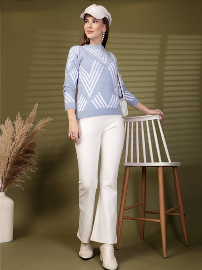 Sky Blue Embellished Geometric Knitting Sweaters Woollen Sweater, product photo showing color, pattern, and knit texture on a plain background