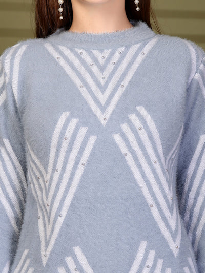 Sky Blue Embellished Geometric Woollen Sweater