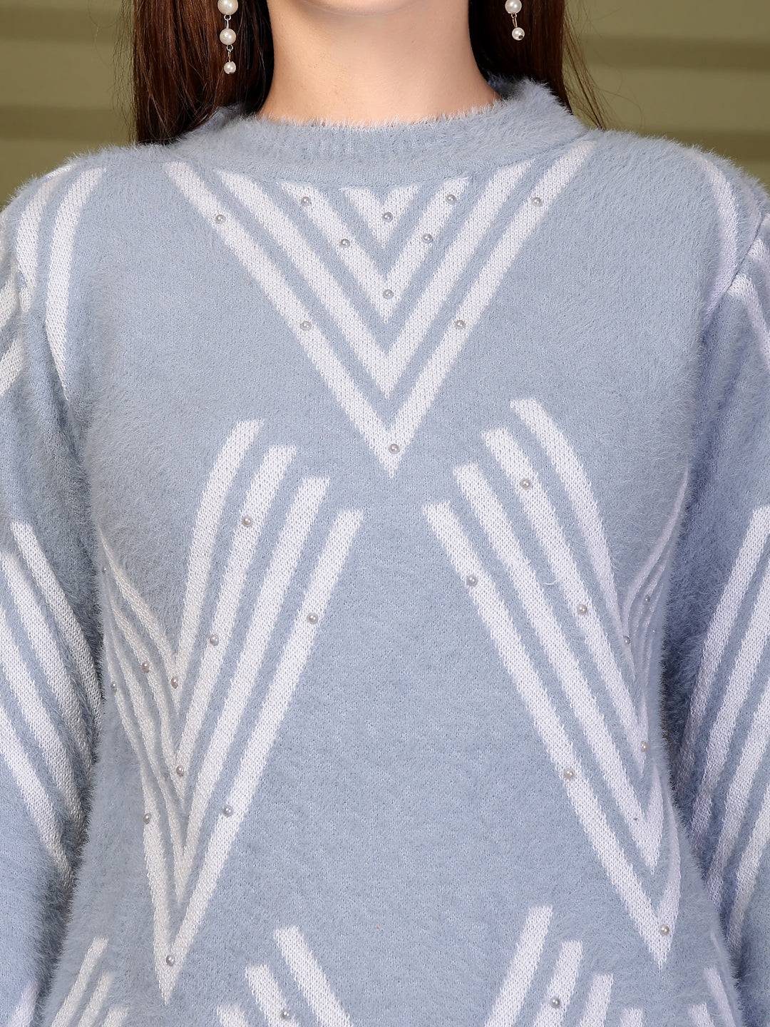 Sky Blue Embellished Geometric Knitting Sweaters Woollen Sweater, product photo showing color, pattern, and knit texture on a plain background