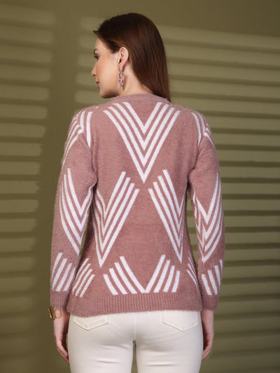 Brown Embellished Geometric Woollen Sweater
