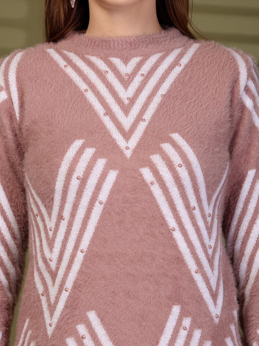 Brown Embellished Geometric Woollen Sweater