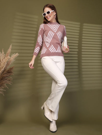 Brown Embellished Geometric Knitting Sweaters Woollen Sweater, product photo showing color, pattern, and knit texture on a plain background