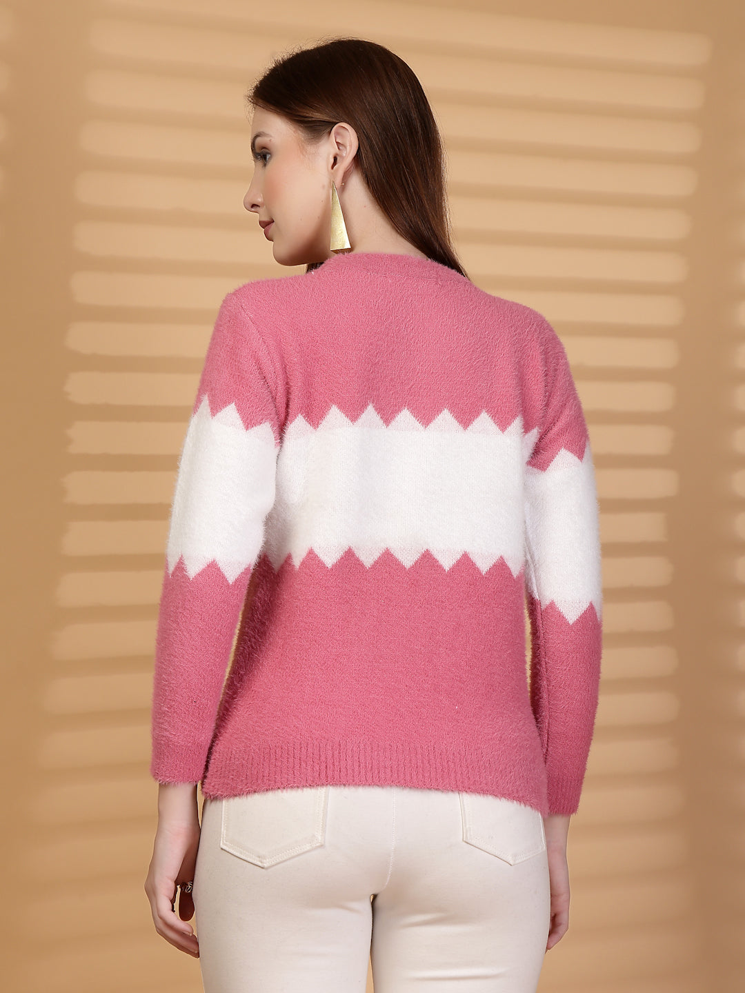 Pink & White Zigzag Pattern Woollen Sweater
