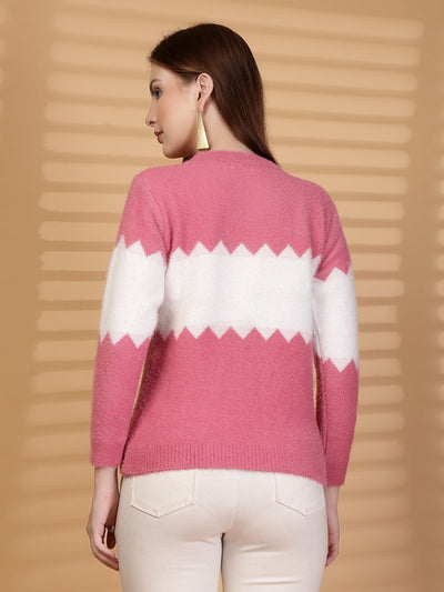 Pink & White Zigzag Pattern Woollen Sweater