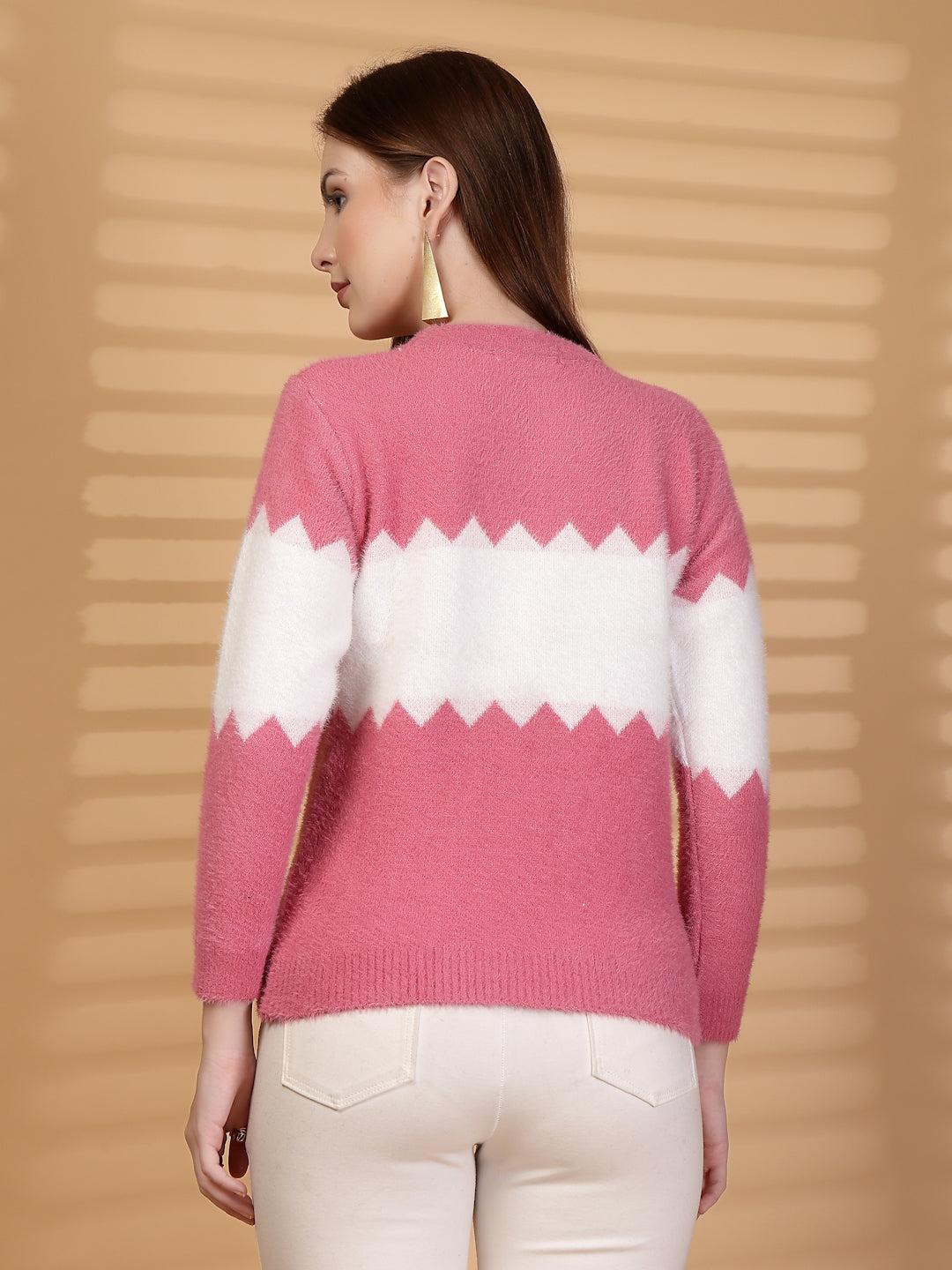 Pink & White Zigzag Pattern Knitting Sweaters Woollen Sweater, product photo showing color, pattern, and knit texture on a plain background