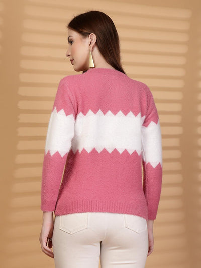 Pink & White Zigzag Pattern Knitting Sweaters Woollen Sweater, product photo showing color, pattern, and knit texture on a plain background